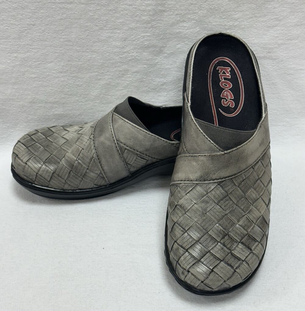 KLOGS Woven Basket Weave Mules Gray Leather Soft Inside Comfort Shoes 7M Nursing
